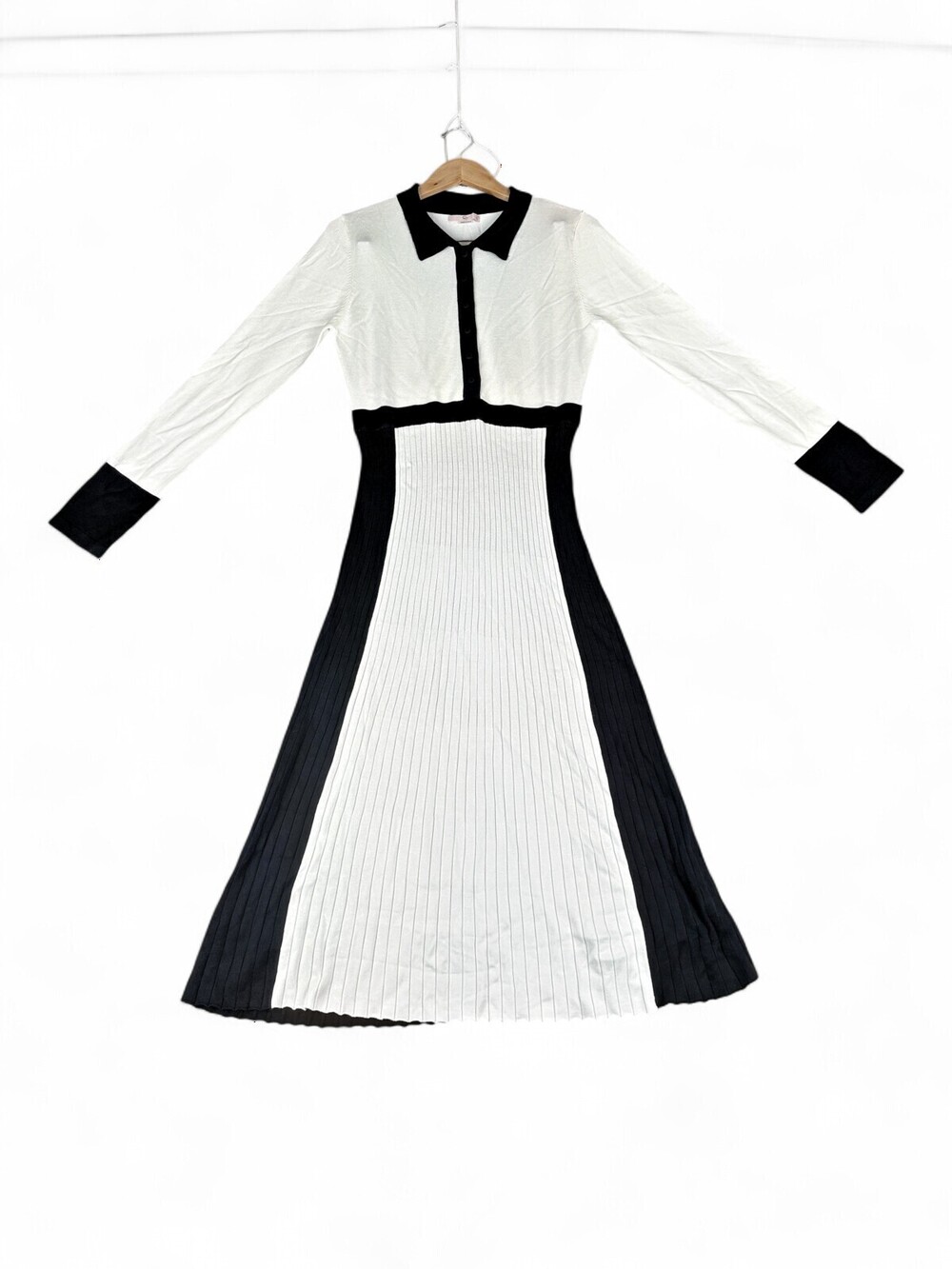 River Black & White Ribbed Polo Midi Dress Long Sleeve M